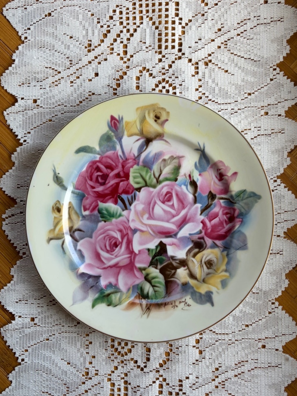 Vintage Hand Painted Floral Plate Japan 10” Pink Roses Signed Wall Decor